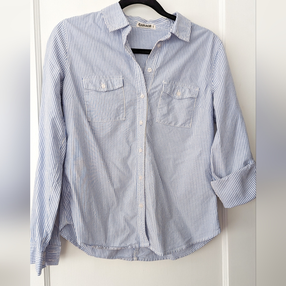 Garage Blue and White Soft Cotton Fitted Button Up Long Sleeve Collared Shirt - Picture 3 of 9